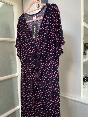 KIM & CO Navy Dress with Pink Polka Dots and Front Twist